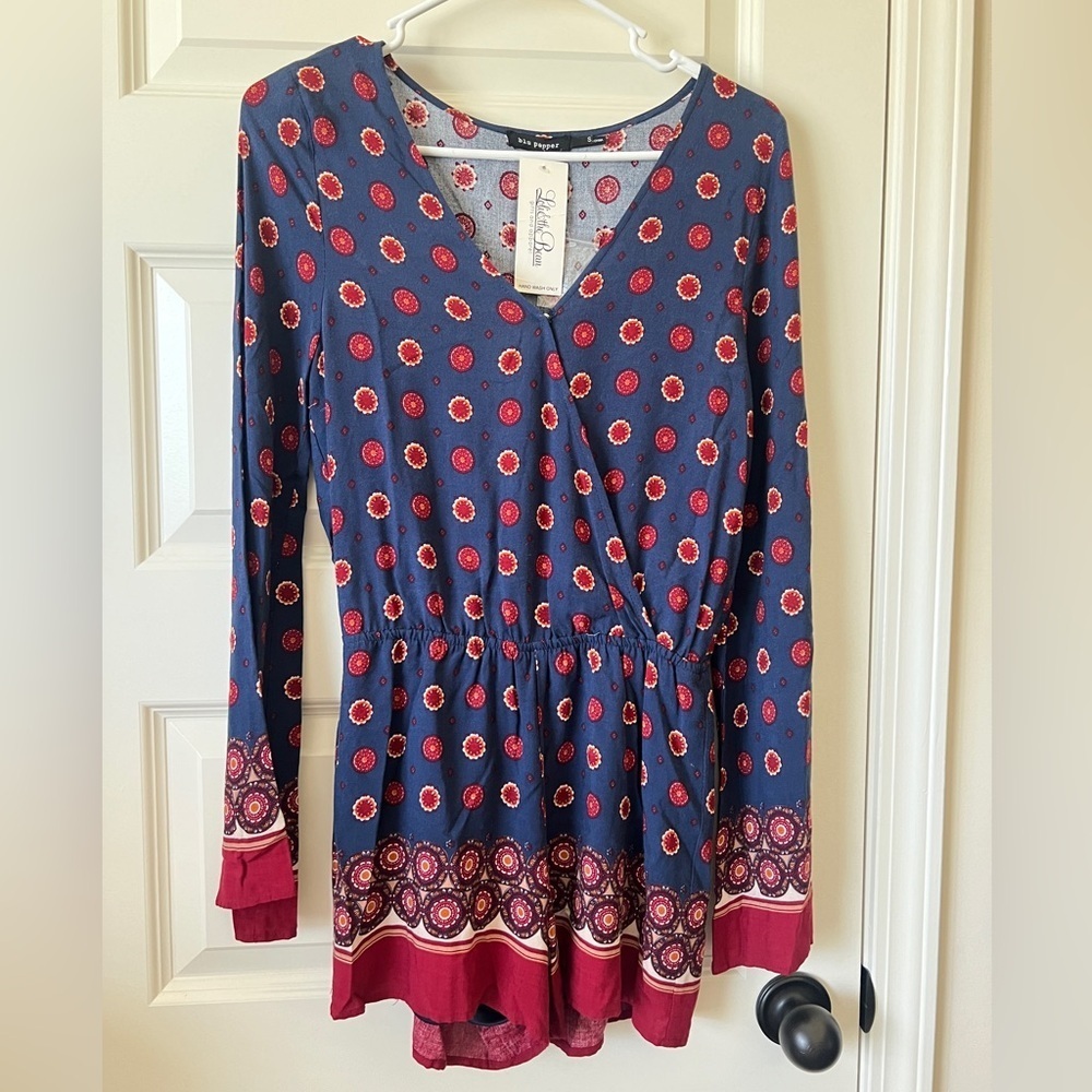 Blu Pepper Blue and Red Long Sleeve V-Neck romper
